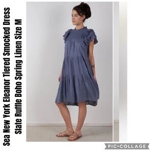 Sea New York Eleanor Tiered Smocked Dress Slate Ruffle SM Boho Spring Linen M